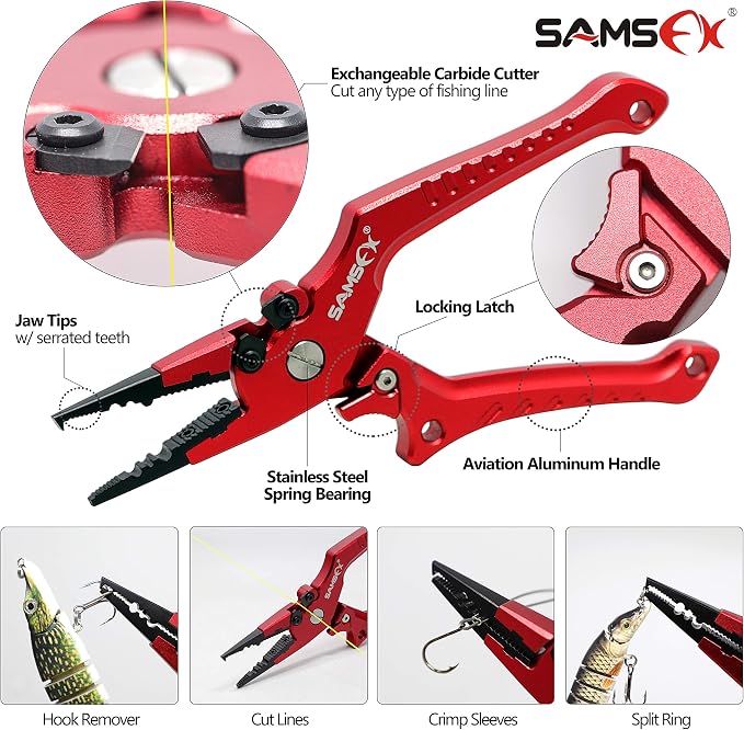 SAMSFX Aluminum Fishing Pliers Hook Remover Braid Line Cutter with Coiled Lanyard, Fly Fishing Knot Tying Tool & Retractors