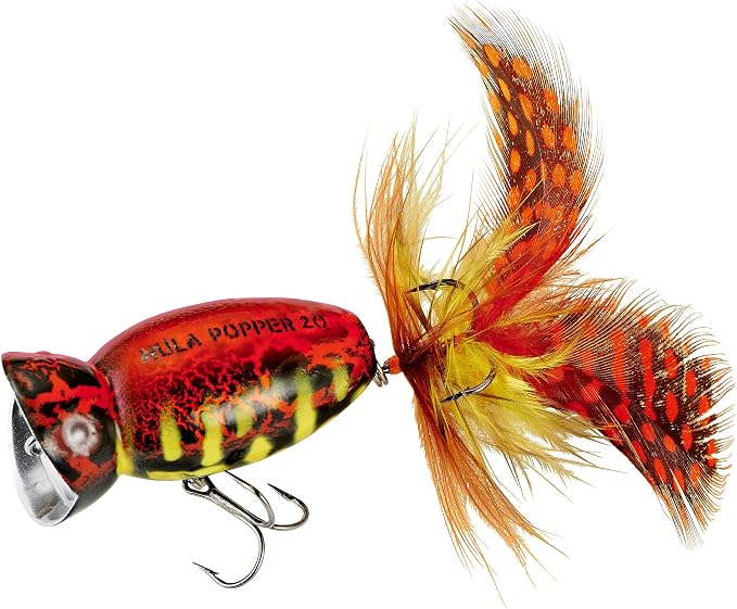 Arbogast Hula Popper 2.0 Topwater Fishing Lure with Feathered Treble Hook and Crackle Pattern Body