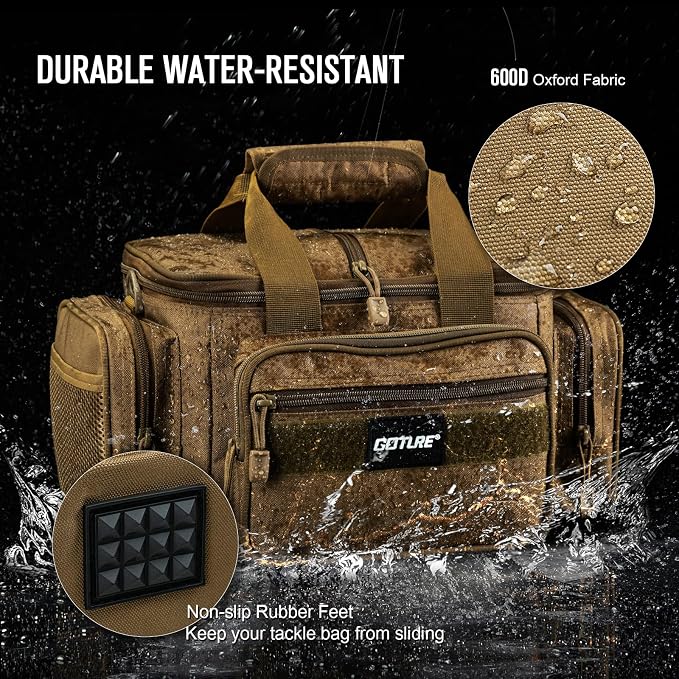 Goture Fishing Tackle Bag, 600D Water-Resistant Soft Side Crossbody Sling Bag for Men & Women,Small Gear Storage Tactical Bags for Saltwater & Freshwater,Fits 4 3600 Tackle Boxes (Not Included)