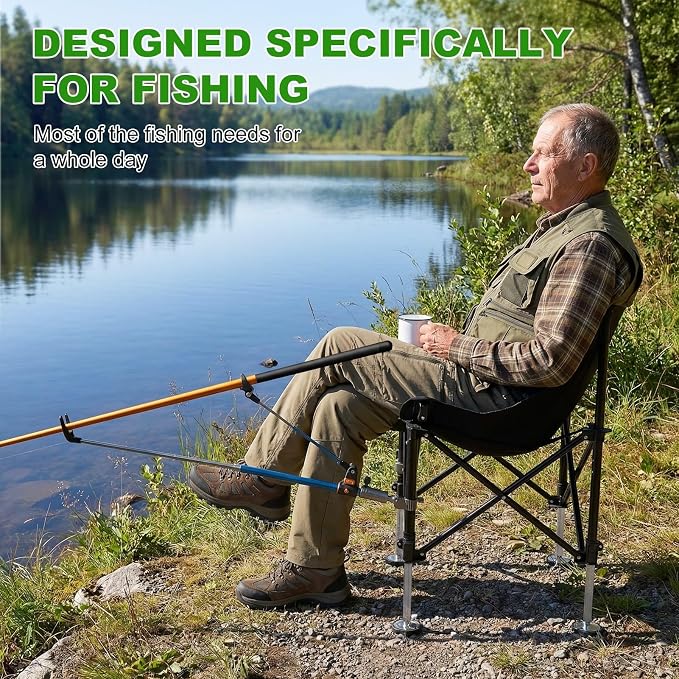 Folding Fishing Chair with Complete Accessories, Portable Camping Chair for Outdoor Fishing, 220LBS Load-Bearing, Non-Slip All-Terrain Design with Storage Bags, Carbon Steel Fishing Chair