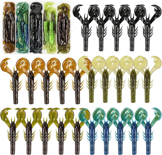 Soft Plastic Craw Baits 25-Pack, 4in Jig Trailer Creature Lures with Big Claws for Bass Fishing, Crawfish Soft Bait for Freshwater