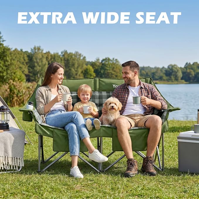 Youtanic 60" Extra Double Camping Chair, 700lbs Heavy Duty Padded Loveseat for Adults, Oversized 2 Person Folding Camp Couch with Dual Cup Holders, Portable Plaid Lawn Chair for Outside, Sports, Green
