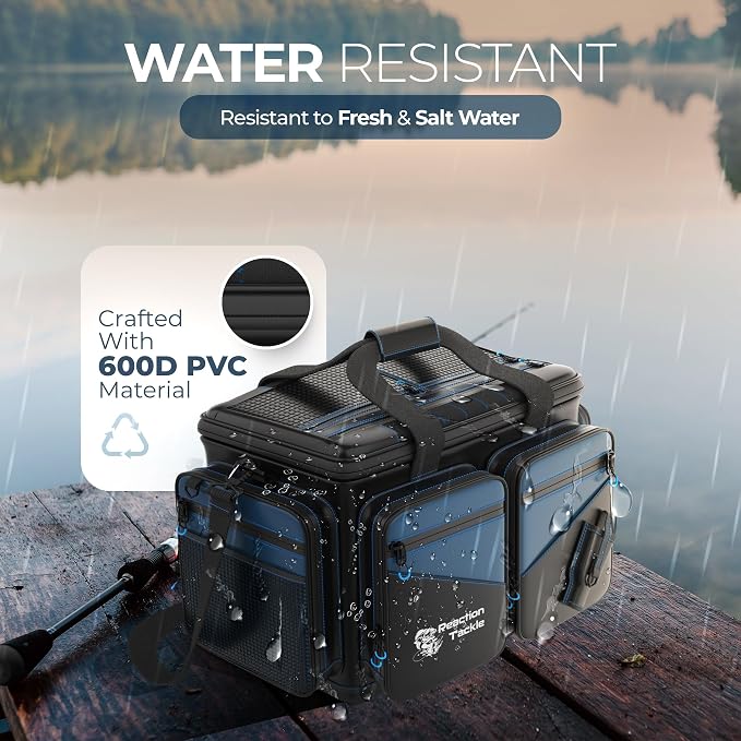 Reaction Tackle Fishing Tackle Bag – Salt Water Resistant Fishing Bag, 1000D PVC Waterproof Material, Tackle Box Organizer with Dividers for 3600 or 3700 Trays