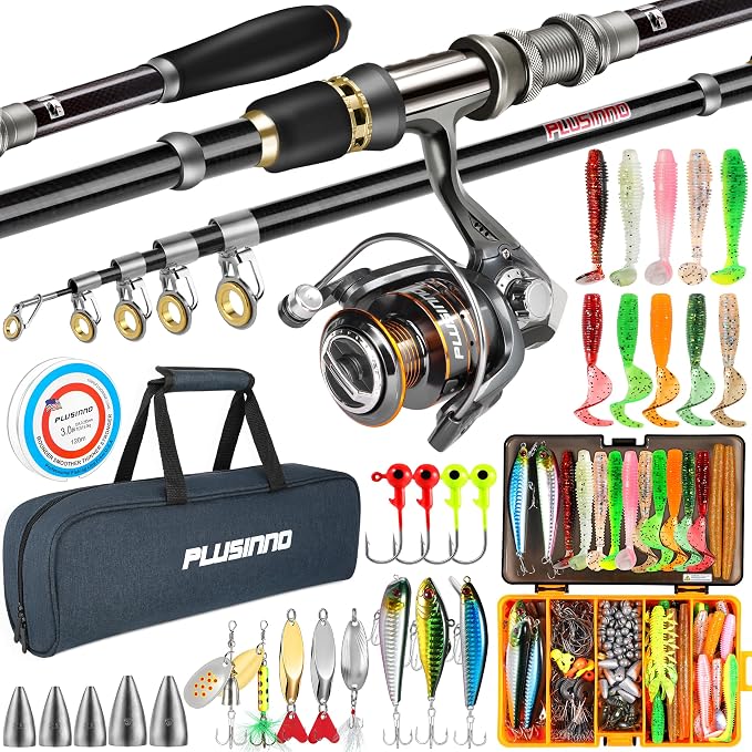 PLUSINNO Fishing Gear - Telescopic Fishing Rod and Reel Combo with Tackle Box, Collapsible Rod and Lures Box, Travel Fish Pole Starter Kit, Fishing Accessories Tackle Lure Kit Gifts for Men Bass Trout