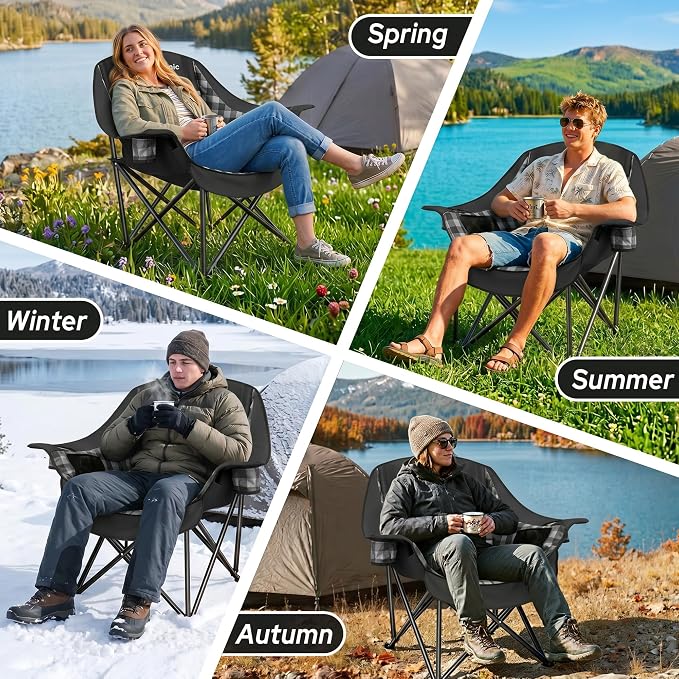 Youtanic Oversized Extra Large Padded Camping Chair, Heavy Duty 400 lbs Foldable Lawn Chair, Ergonomic Outdoor Seat with Plaid Design, Cup Holders & Storage Pockets for Fishing, Sports, Black