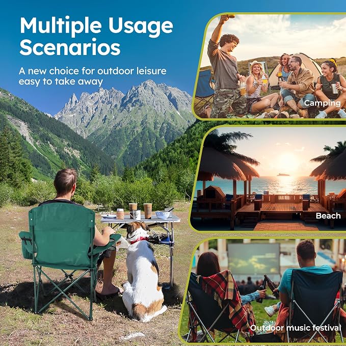 ALPHA CAMP 2-Pack Camping Chair with Cooler Bag, Heavy Duty 250lbs Capacity Folding Chair with Lumbar Support & Side Pocket, Portable Quad Chairs for Beach Fishing Tailgating & Sideline Sport