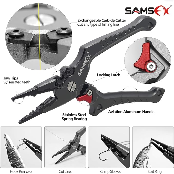 SAMSFX Aluminum Fishing Pliers Hook Remover Braid Line Cutter with Coiled Lanyard, Fly Fishing Knot Tying Tool & Retractors