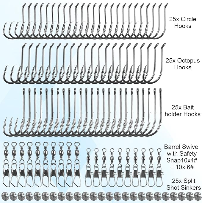 Fishing Hooks Swivel Sinker Set, 120Pcs Fishing Terminal Tackle Assortment Baitholder Octopus Circle Hooks Barrel Swivels Slipt Shot Sinker Weight Beads with Tackle Box