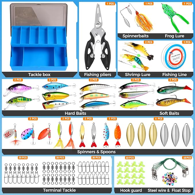 PLUSINNO Fishing Lures Fishing Tackle Box Fishing Gifts for Men, Bass, Trout Fishing Accessories Kit for Saltwater & Freshwater Fishing Gear Including Topwater Lures, Hooks, Spinnerbaits
