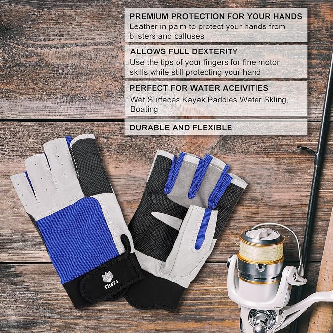 FitsT4 Sports Sailing Gloves 3/4 Finger and Grip Great for Sailing, Yachting, Paddling, Kayaking, Fishing, Dinghying Water Sports for Men and Women