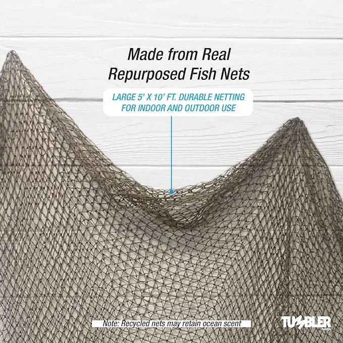 Fishing Net Decor, 5' x10' Decorative Fishing Net for Nautical, Mermaid, Pirate or Beach Themed Party or Room. Real Recycled Fish Netting for Decoration
