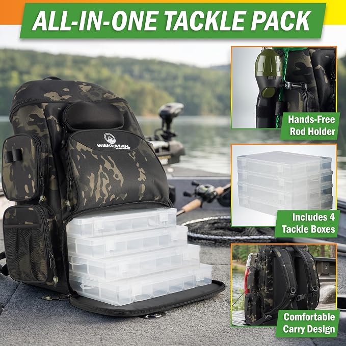 Fishing Backpack with Tackle Boxes, Rod Holders, 7 Zippered Storage Pockets and Water-Resistant Cover - Tactical Backpack Tackle Bag for Fishing Gear and Equipment by Wakeman Outdoors (Camo Black)