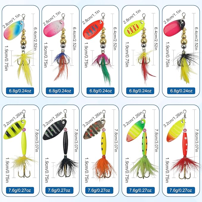 Fishing Lures Spinnerbait Kit Rooster Bait Tail Fishing Lures Inline Spinner Baits Bass Salmon Trout Spoon Hard Metal Spinnerbaits for Saltwater Freshwater