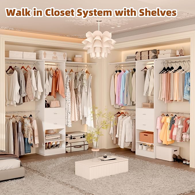 Closet System Set of 2, Closet Organizer System With 4 Wood Drawers, Walk-In Closet Storage System With 10 Hanging Rods, Adjustable Cloth Garment Rack, Fits Spaces 6Ft-14Ft, White