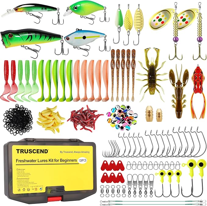 TRUSCEND Complete Fishing Accessories - Tackle Box with Tackle Included, Fishing Hooks, Jig Heads, Sinkers, Weights, Swivels, Snaps, Bobbers, Leaders - Fishing Gear Set for Bass Trout Panfish Walleye