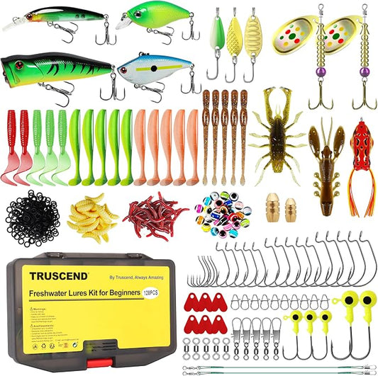 TRUSCEND Complete Fishing Accessories - Tackle Box with Tackle Included, Fishing Hooks, Jig Heads, Sinkers, Weights, Swivels, Snaps, Bobbers, Leaders - Fishing Gear Set for Bass Trout Panfish Walleye