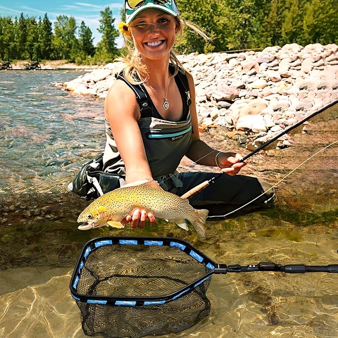 PLUSINNO Floating Fishing Net for Steelhead, Salmon, Fly, Kayak, Catfish, Bass, Trout Fishing, Rubber Coated Foldable Landing Net with Fixed or Telescoping Pole Handle, Fishing Gear and Gifts for Men