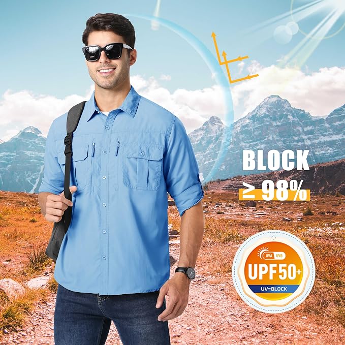 MAGCOMSEN Men's UPF 50+ Sun Protection Shirts, Button Down Long Sleeve Shirt for Hiking, Fishing, Safari