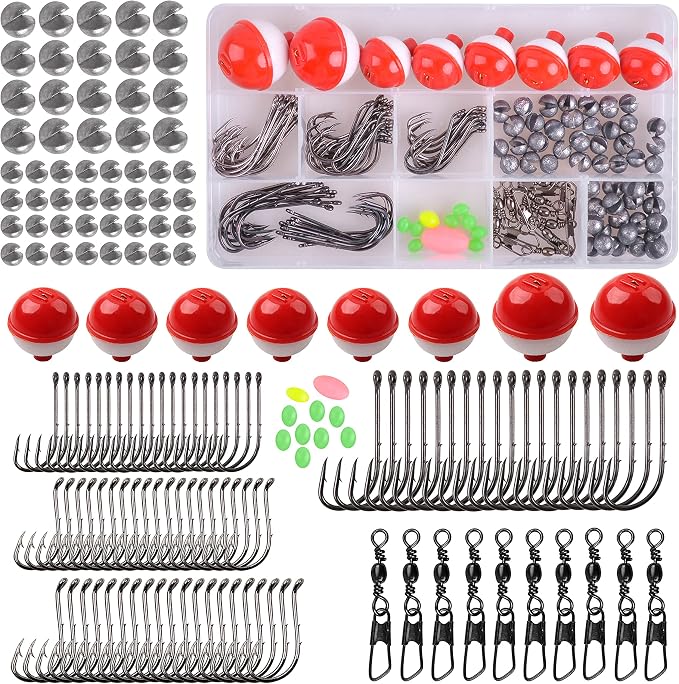 Fishing Tackle Kit, 160pcs Basic Bobbers and Hooks Assortment With Octopus Circle, Baitholder Hooks, Sinker Weights, Terminal Tackle Box for Trout Catfish Panfish