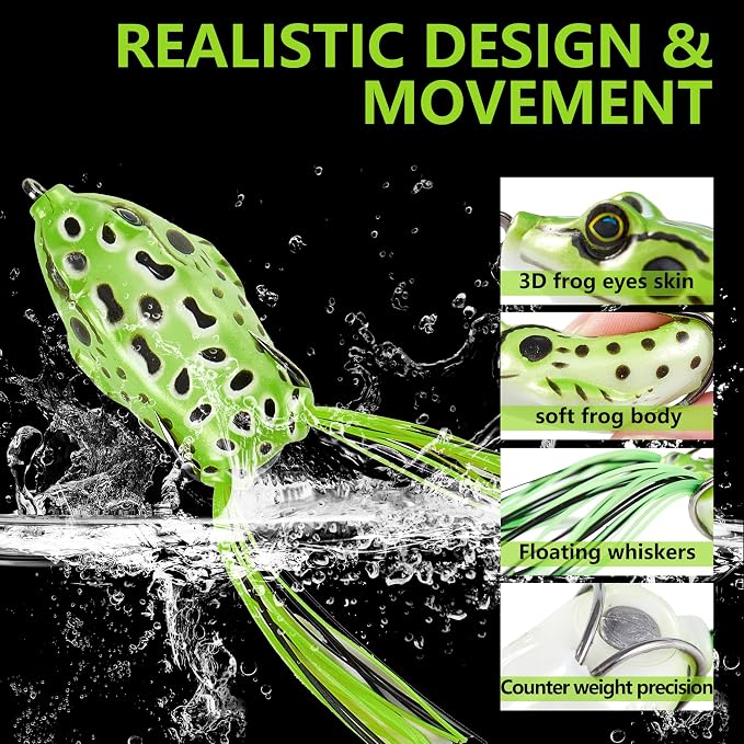5PCS Frog Lure Kit - Topwater Fishing Lures for Pike, Snakehead & Freshwater Fish | Soft PVC Baits with Weedless Hooks - Perfect for Dense Vegetation | Ideal Lure Set for Anglers inSaltwater