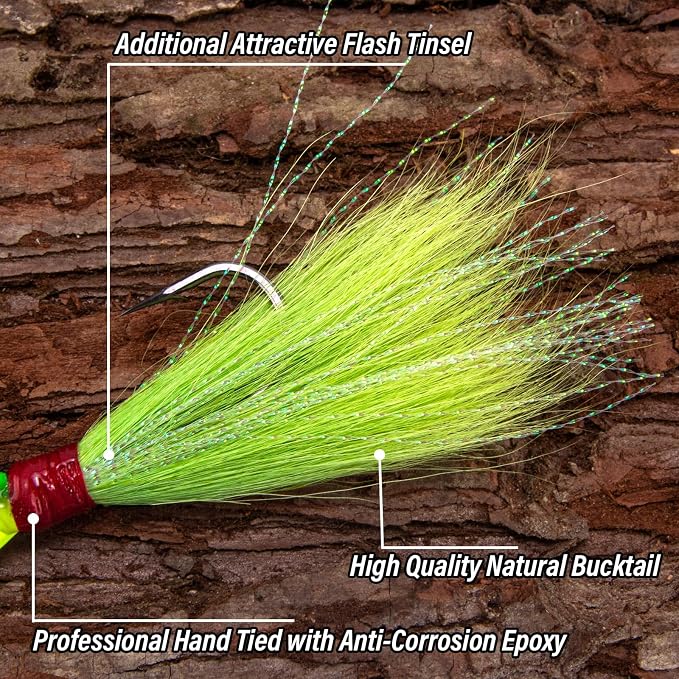 Alwonder 5-Pack Bucktail Jigs Hair Jigs Saltwater Freshwater Fishing Bucktail Lures Surf Fishing Jig Heads White Luminous Chartreuse Swimbait Jig for Bass Flounder Striper Bluefish Halibut Redfish