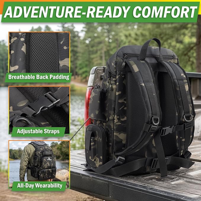 Fishing Backpack with Tackle Boxes, Rod Holders, 7 Zippered Storage Pockets and Water-Resistant Cover - Tactical Backpack Tackle Bag for Fishing Gear and Equipment by Wakeman Outdoors (Camo Black)