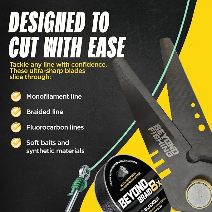 Beyond Fishing 6.5" Pro Fishing Shears Dual Serrated Blades, Fishing Braided Line Scissors with Titanium Coating, Non-Slip Grip & Multifunction Tool, Includes Hard Molded Locking Sheath