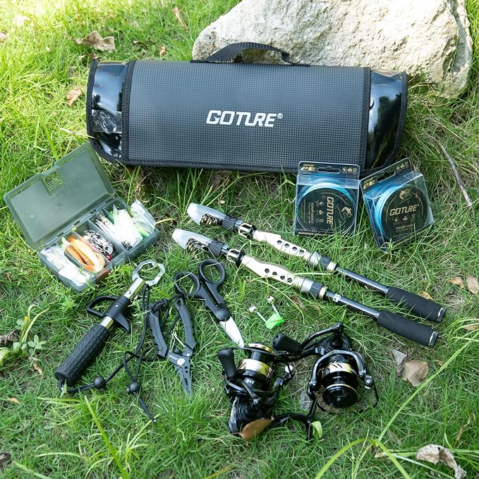 GOTURE Telescopic Fishing Rod and Reel Combos, Carbon Fiber Travel Fishing Pole, 9+1 BB Spinning Reel, Saltwater Freshwater Fishing Gear Kit with Braided Line, Lures, Carrier Bag for Bass Trout