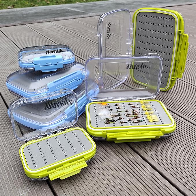 Aventik Waterproof Clear Fly Box Double Sides Floating Lightweight Fly Fishing Case Large Capacity Grip Foam Nymph Wet Dry Flies Lure Box(H18 Green, SIZE A:4.24X3.04X1.36inch)