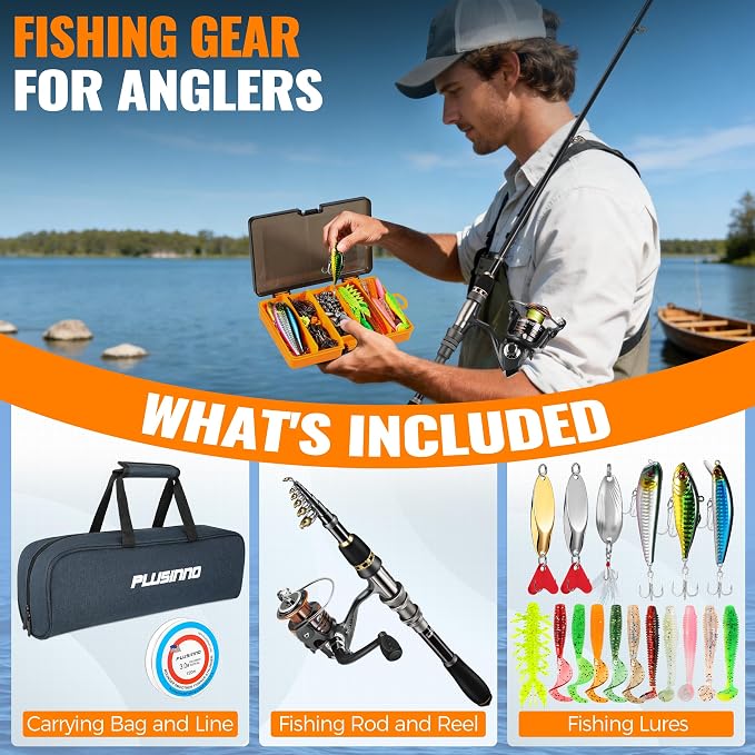 PLUSINNO Fishing Gear - Telescopic Fishing Rod and Reel Combo with Tackle Box, Collapsible Rod and Lures Box, Travel Fish Pole Starter Kit, Fishing Accessories Tackle Lure Kit Gifts for Men Bass Trout
