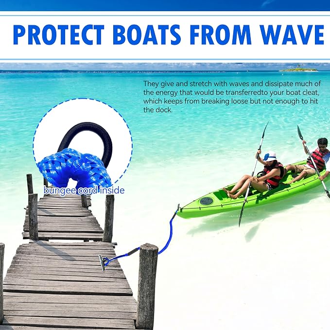 Boat Bungee Dock Lines – Adjustable Boat Tie Downs for Pontoon, Jet Ski, PWC, Kayak | Single Hook Small Cruiser Mooring Lines | (2, Blue, 3 Feet)