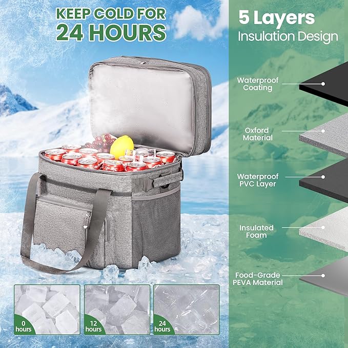 MIYCOO Cooler Bag Double Deck - 60 Can Leakproof Insulated Portable Soft Lunch Cooler, Extra Large Expandable Ice Chest Cooler for Beach, Picnic, Camping, Shopping (Gray)