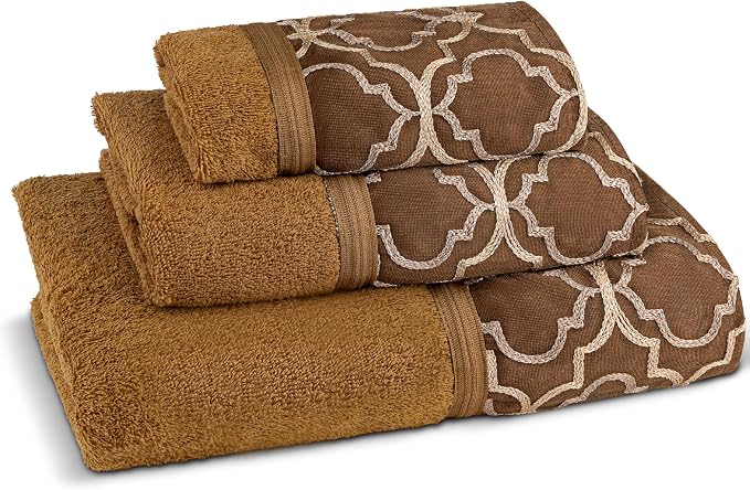 Zahari Home Spindle Modern Bathroom Towel Set - 3 Piece Bath, Hand, and Wash Towels - Classic Luxury Contemporary Decor - Beautiful Gold Unique Design Bath Ensemble