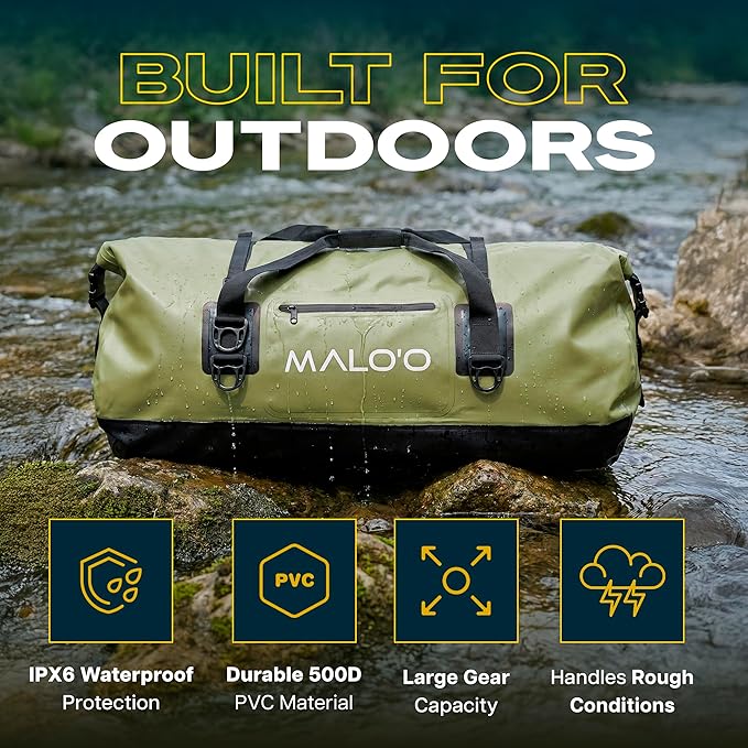 Malo’o Waterproof Dry Duffel, Heavy-Duty Roll Top Waterproof Gear Bag with Shoulder Strap & Molle Loops, Marine Duffel for Kayaking, Boating, Camping, Beach & Travel, Dark Green, 100L