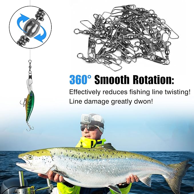 AGOOL Fishing Swivels Snaps, 60/120pcs Barrel Swivel Safety Snaps Stainless Steel Swivels Fishing Tackle Lure Leader Line Connector High Strength for Saltwater Freshwater