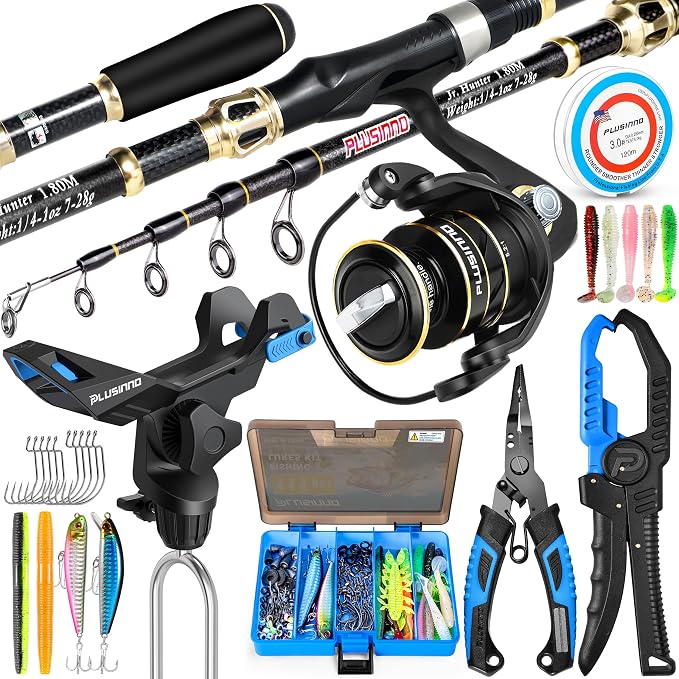 PLUSINNO Fishing Gear,Full Fishing Pole kit Include Fishing Rod and Reel Combo, Tackle Box with Fishing Lures, Fishing Accessories, Fishing Pliers,Fishing Gifts for Men with Fishing Tool Kit