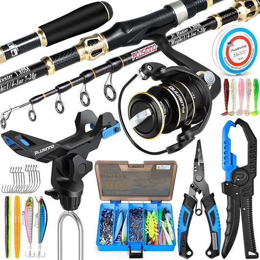 PLUSINNO Fishing Gear,Full Fishing Pole kit Include Fishing Rod and Reel Combo, Tackle Box with Fishing Lures, Fishing Accessories, Fishing Pliers,Fishing Gifts for Men with Fishing Tool Kit