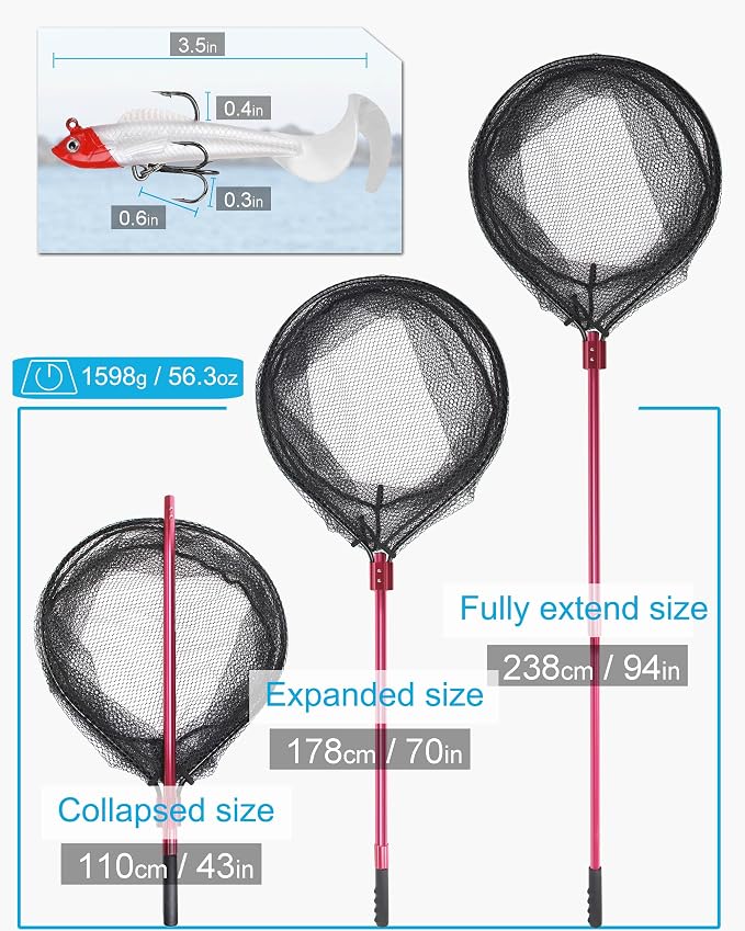 Large Rubber Fishing Net Heavy Duty Extra Large Aluminum Landing Net for Saltwater Fish Net Telescoping Handle with 6pcs Soft Jig Swimbait, Extends to 72-94in
