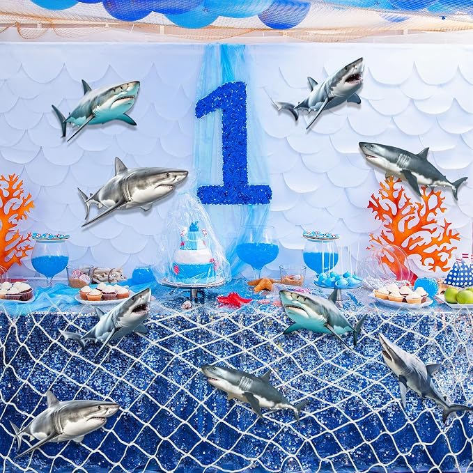 Silipull 11 Pcs Shark Birthday Party Decorations Kit Fishing Net Cute Cardstock Photo Prop for Birthday Sea Animal Indoor Outdoor Dessert Table Party Supply