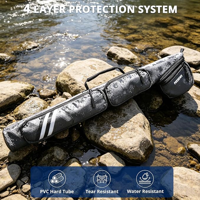 PEKREWS Fly Rod Case, 30.5" Fishing Rod Bag Fit 9' 4-Piece Fly Rod and Reel with 2 Side Pockets, Padded Reel Pouch, Shoulder Strap, Portable Travel Fly Rod Tube, Fishing Pole Holder For Angler, Grey