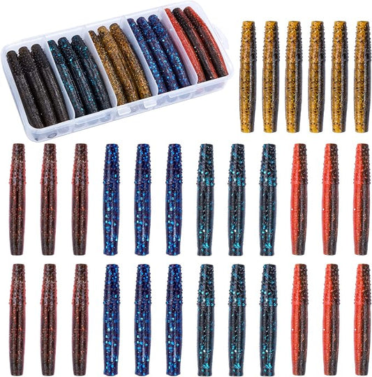 Soft Plastic Worm Fishing Lures Kit, Finesse TRD Stick Worms and Ned Rig Baits with Jig Heads for Bass Fishing, Freshwater Bass Soft Baits