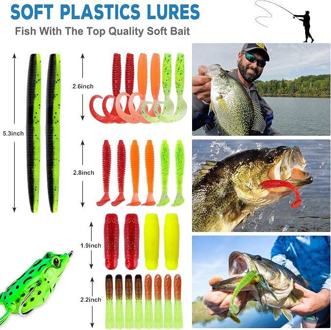 PLUSINNO Fishing Lures Fishing Tackle Box Fishing Gifts for Men, Bass, Trout Fishing Accessories Kit for Saltwater & Freshwater Fishing Gear Including Topwater Lures, Hooks, Spinnerbaits