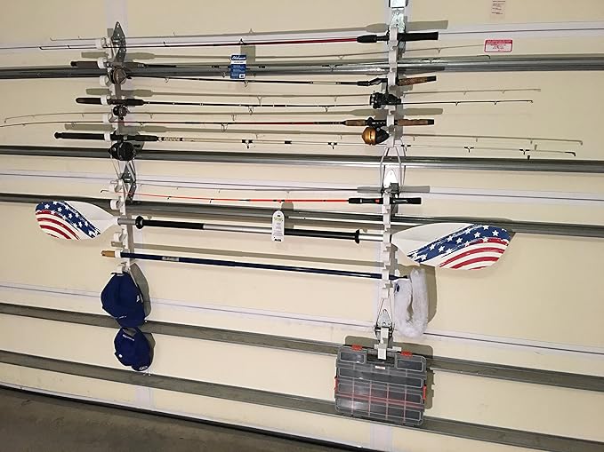 Storage Rack for Garage Doors with Hooks for Fishing Rods, Kayak Paddles and More