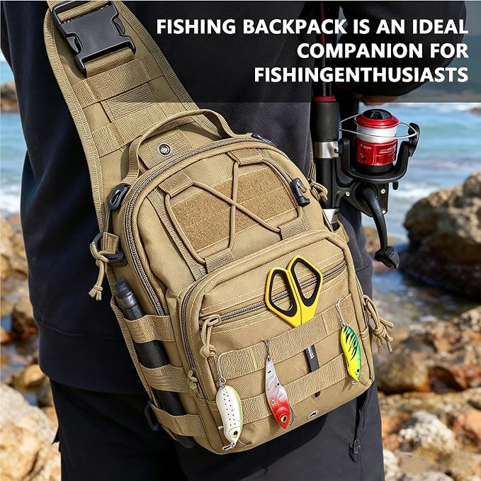 Fishing Backpack Small Fishing Tackle Storage Bag with 3 Methods of Carrying Large Capacity Sling Backpack for Outdoor Hiking Travel Hunting (Khaki)