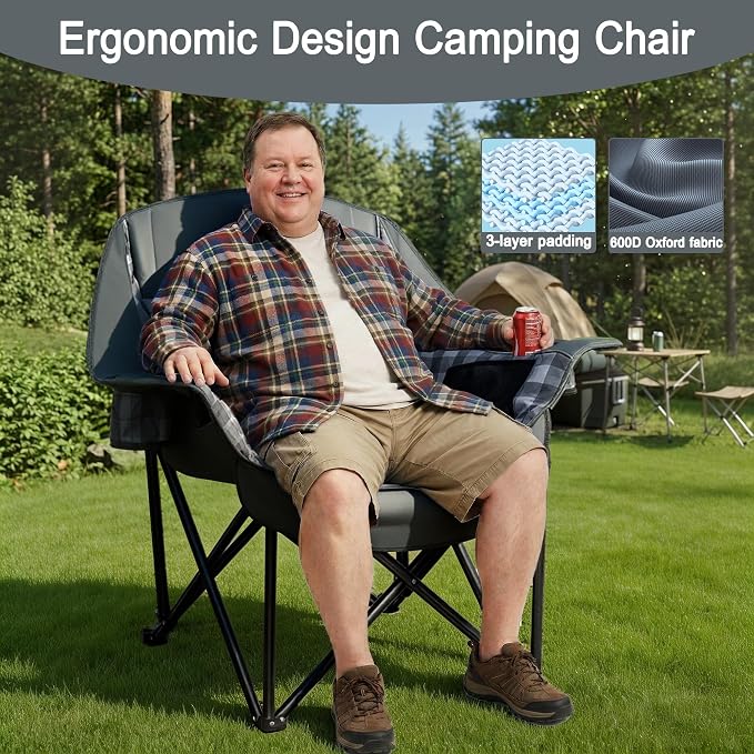 Youtanic Oversized Extra Large Padded Camping Chair, Heavy Duty 400 lbs Foldable Lawn Chair, Ergonomic Outdoor Seat with Plaid Design, Cup Holders & Storage Pockets for Fishing, Sports, Gray