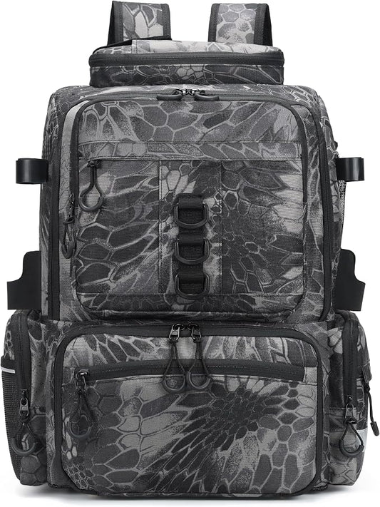 Rabjen Fishing Tackle Backpack, 45L Storage Waterproof Travel Bag Store Fishing Gear with Insulated Top Pocket