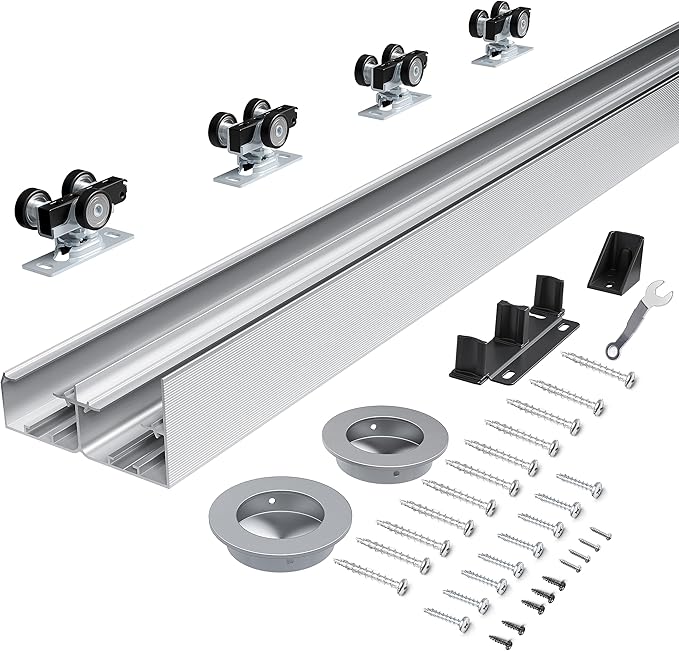 6FT Bypass Door Hardware, Closet Door Track Kit, Top-Mounted Style, Made of Heavy Duty Aluminum, Smoothly and Quietly, for 2 Doors System - Fit Min Door Panel Width of 36.5in, Silver