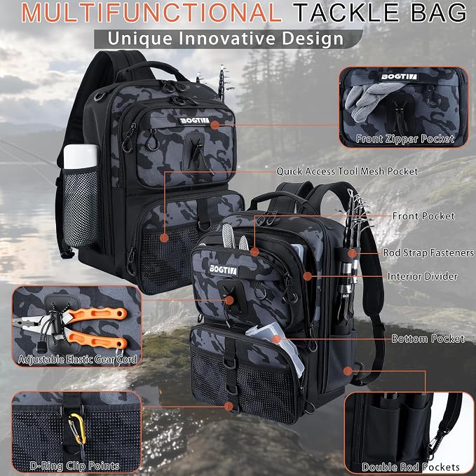 Fishing Backpack with Tackle Boxes & Lures Kit Lightweight 25L Tackle Bag with Fishing Gear and Rod Holder, Fish Gifts for Men Woman-Camo Backpack
