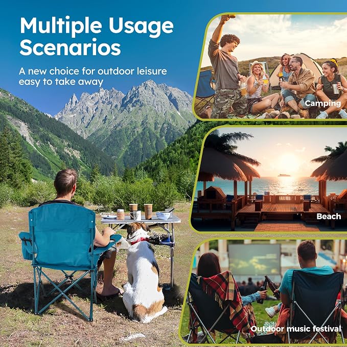 ALPHA CAMP 2-Pack Camping Chair with Cooler Bag, Heavy Duty 250lbs Capacity Folding Chair with Lumbar Support & Side Pocket, Portable Quad Chairs for Beach Fishing Tailgating & Sideline Sport