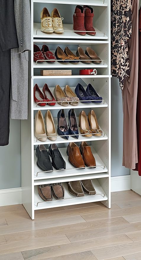 ClosetMaid SuiteSymphony Wood Shoe Shelves Set, Add On Accessory, Angled, Shoe Fence, for 25 in. Units, Pure White/Satin Nickel